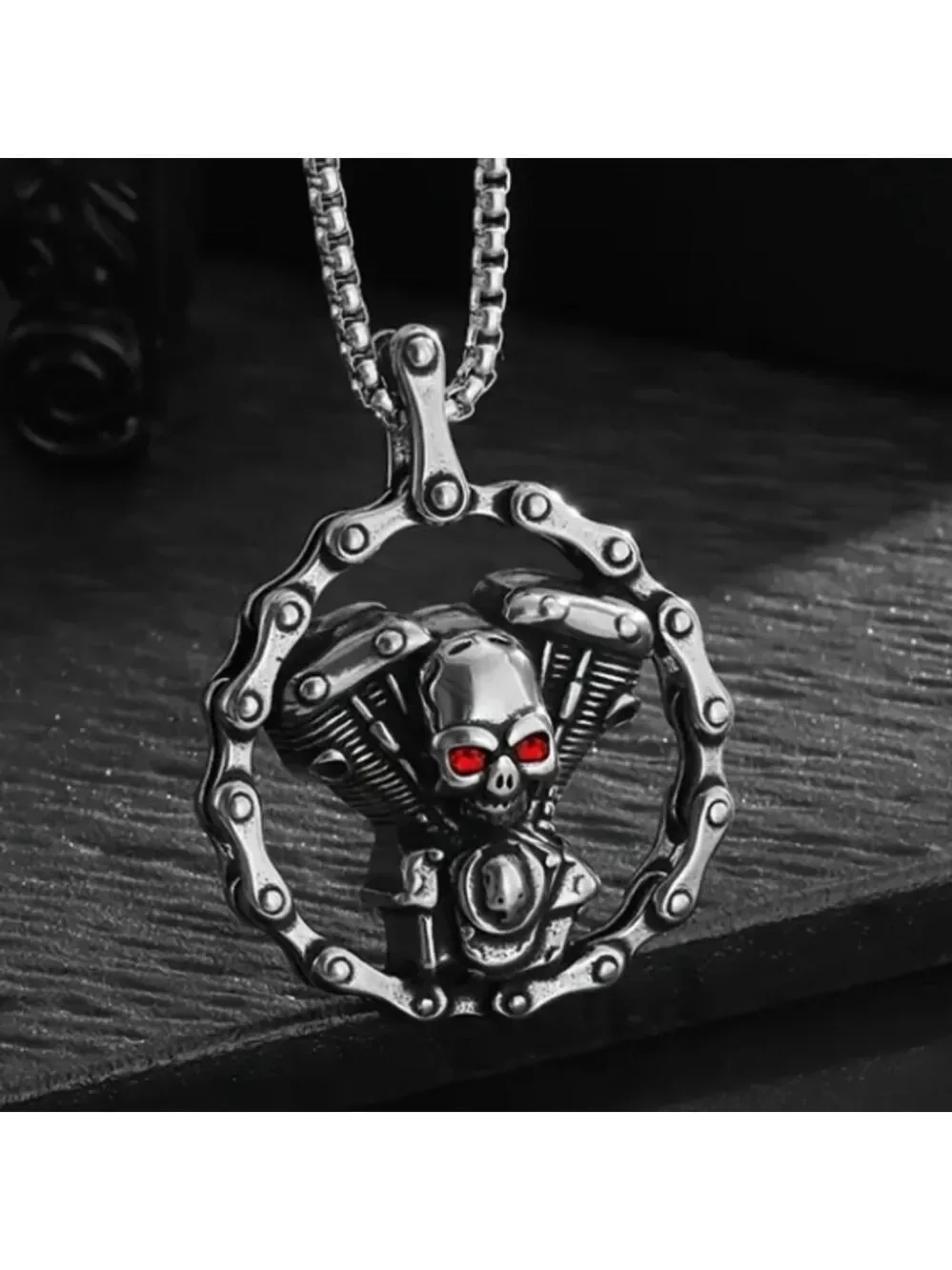 Silvertone Skull Engine Pendant Necklace